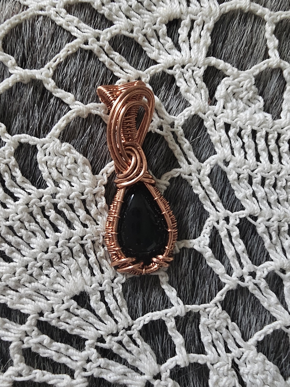 Handcrafted Copper Wire Wrapped Black Teardrop Pendant